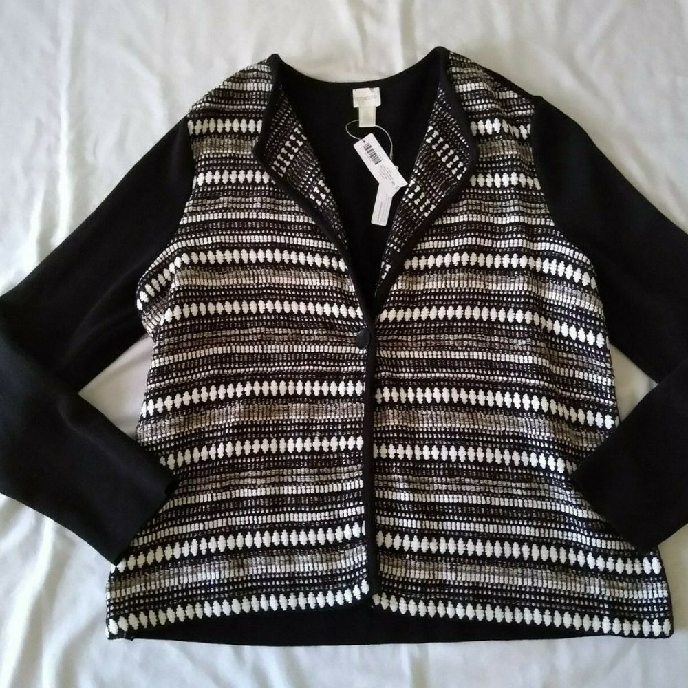 CHICO’S Black Textured Striped Knit Cardigan XL